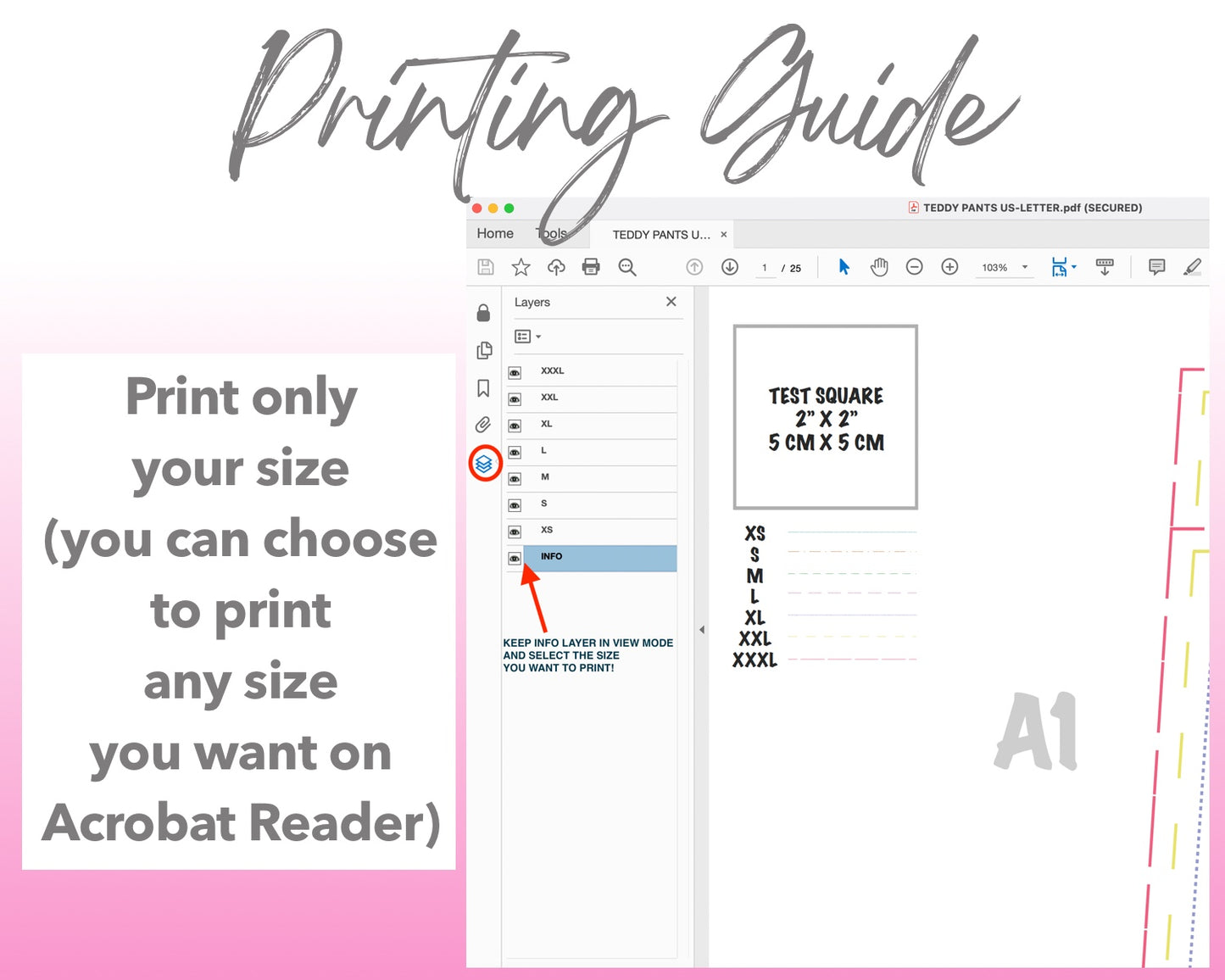 Teddy Pants sewing pattern printing guide.