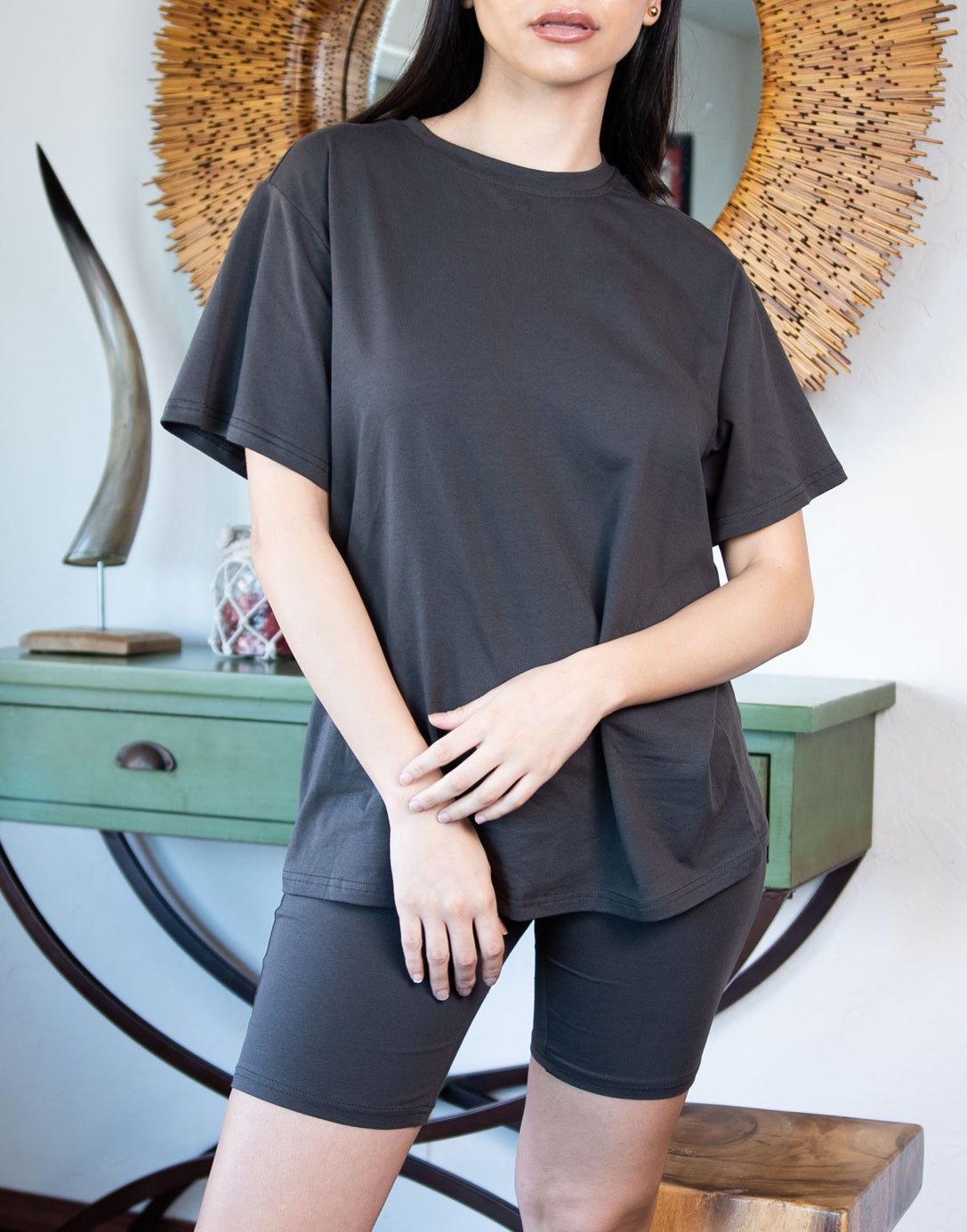 Front view of Tee and Biker Shorts Set.