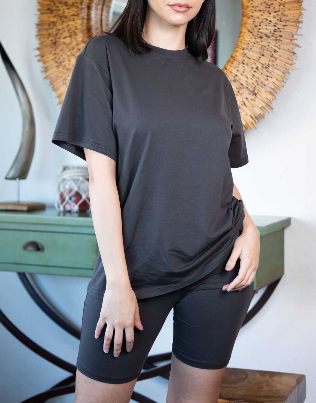 Side view of Tee and Biker Shorts Set.