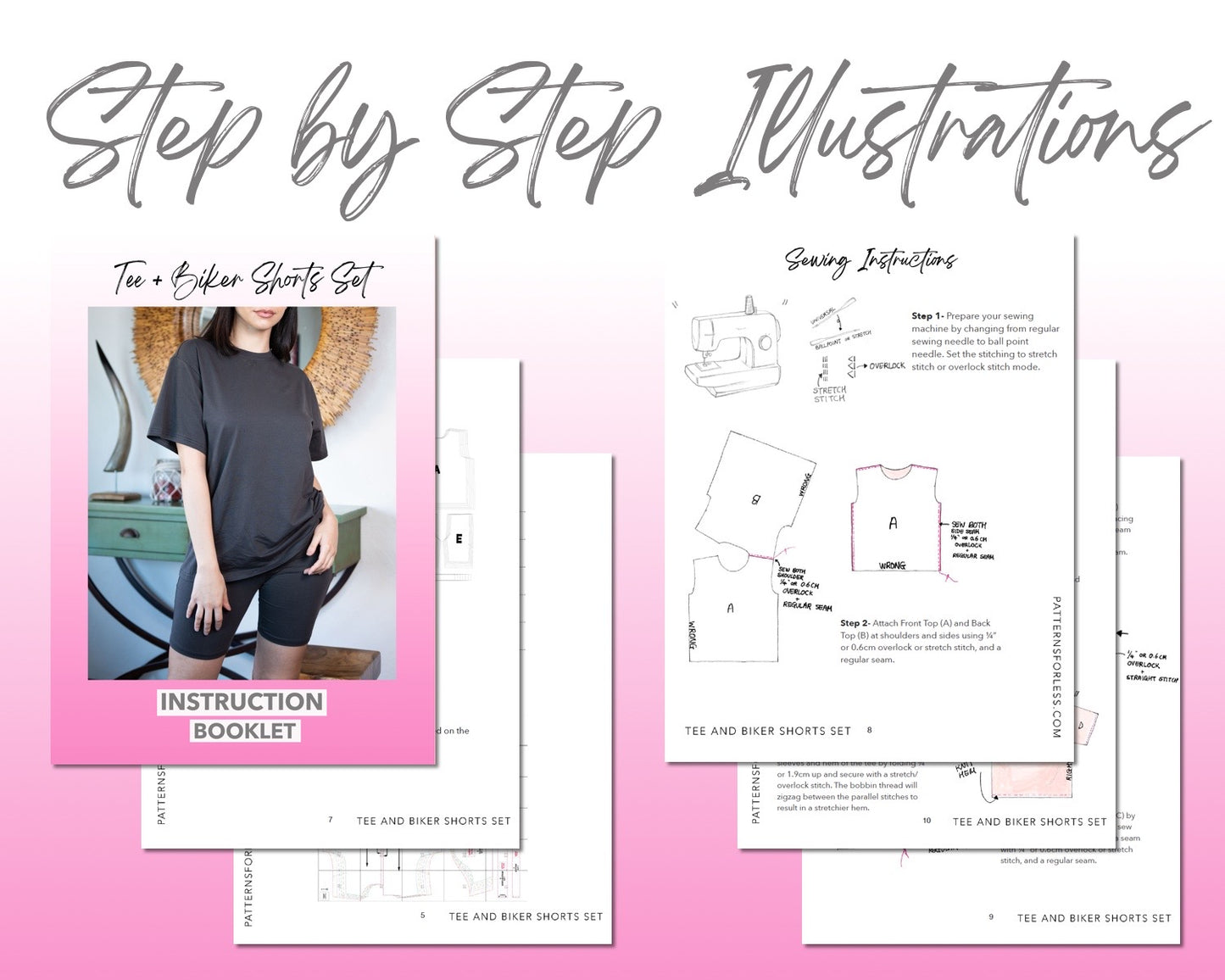 Tee and Biker Shorts Set sewing pattern step by step illustrations.