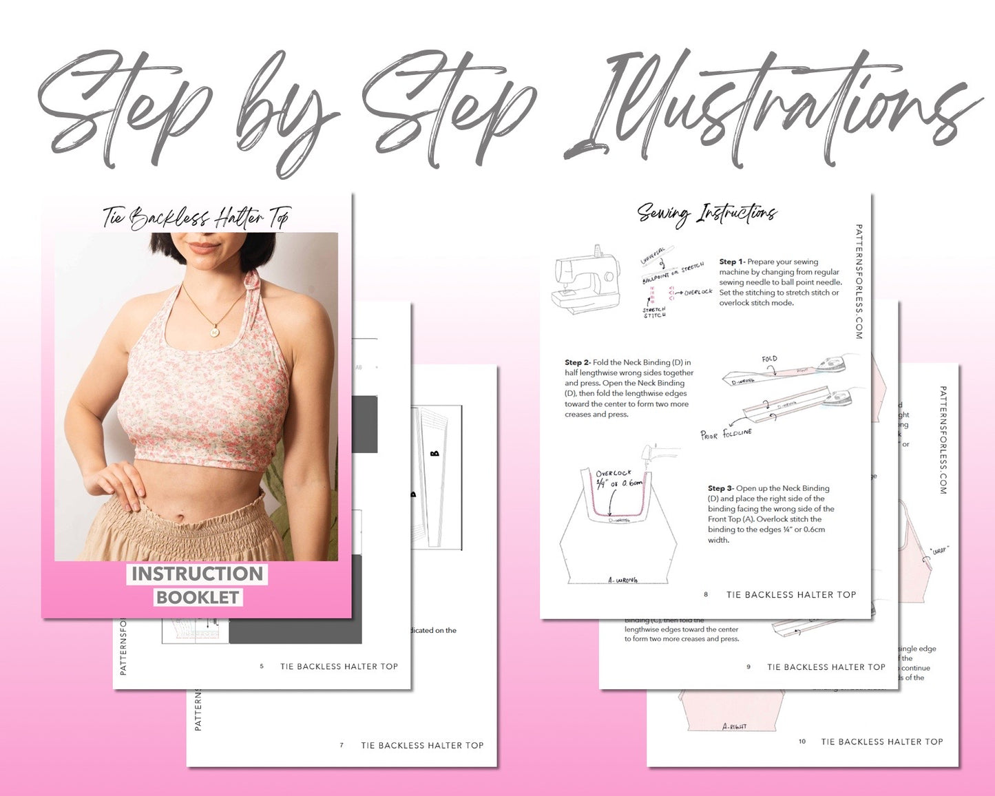 Tie Backless Halter Top sewing pattern step by step illustrations.
