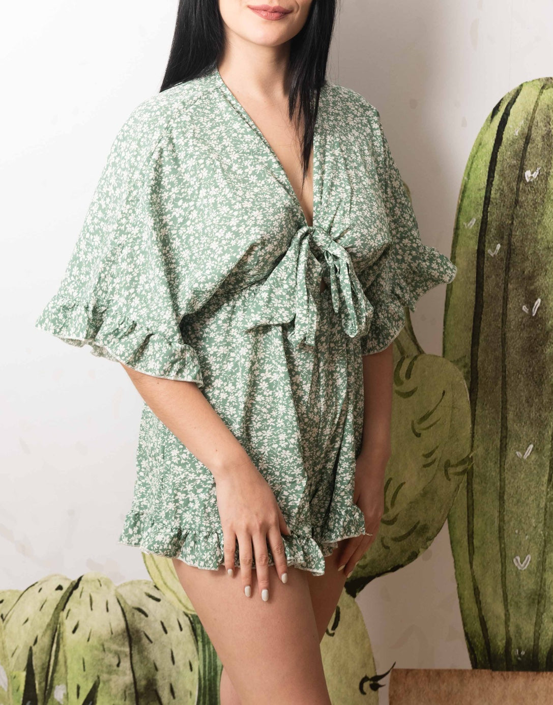 Front view of Tie Front Romper.