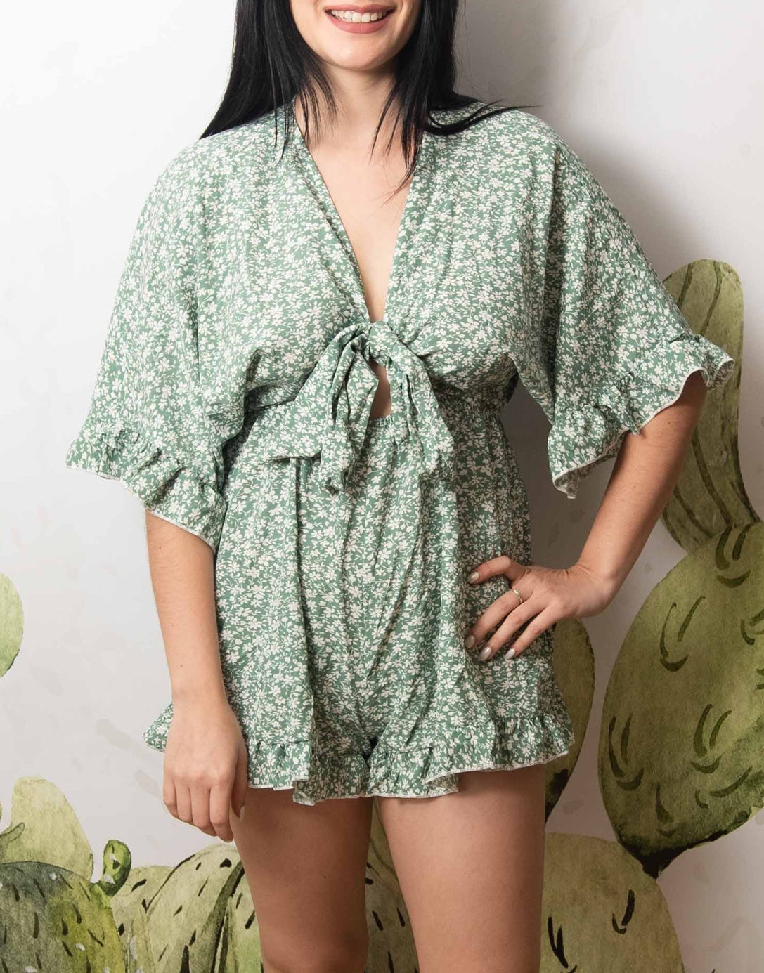 Closeup of Tie Front Romper.