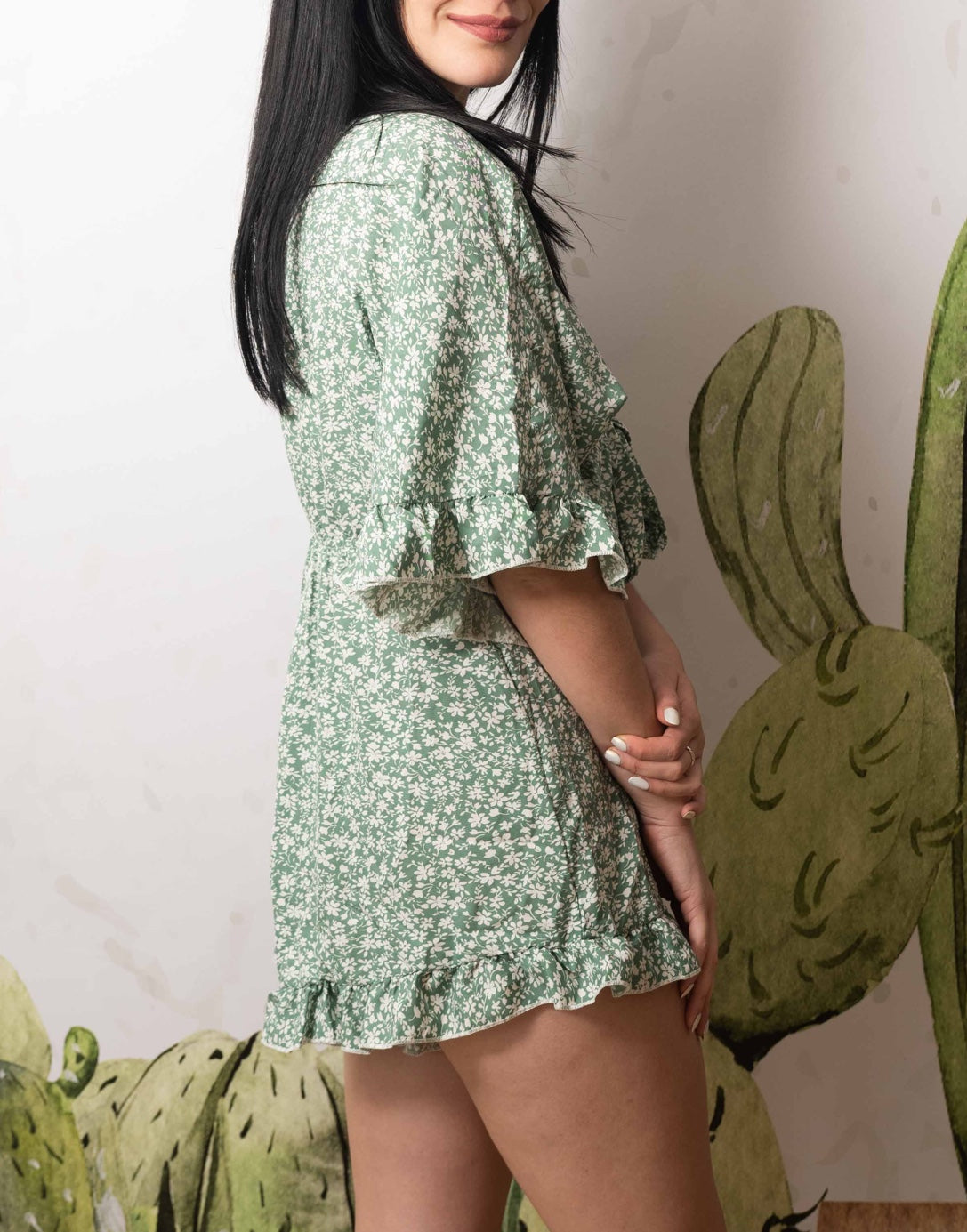 Side view of Tie Front Romper.