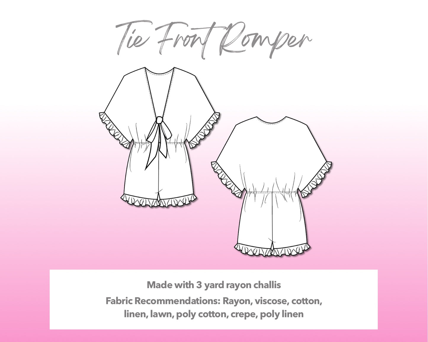 Illustration and detailed description for Tie Front Romper sewing pattern.