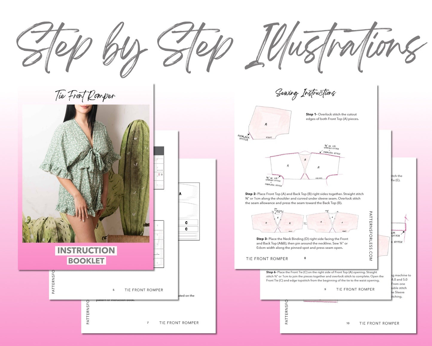 Tie Front Romper sewing pattern step by step illustrations.