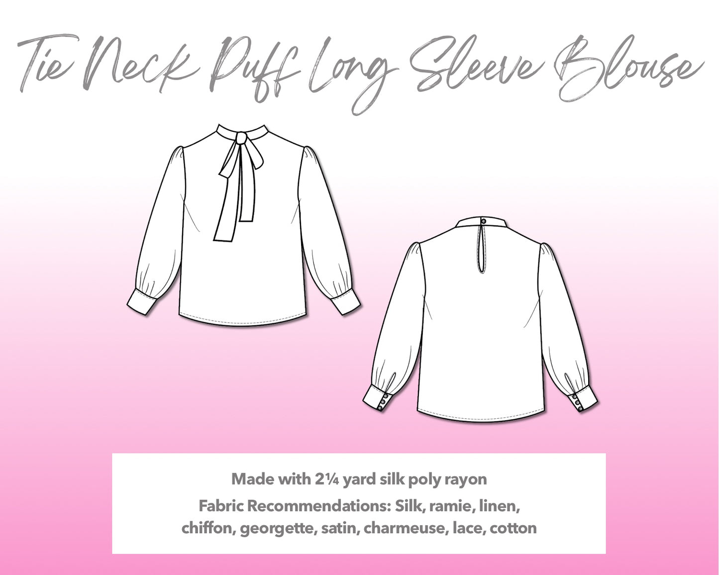 Illustration and detailed description for Tie Neck Puff Long Sleeve Blouse sewing pattern.