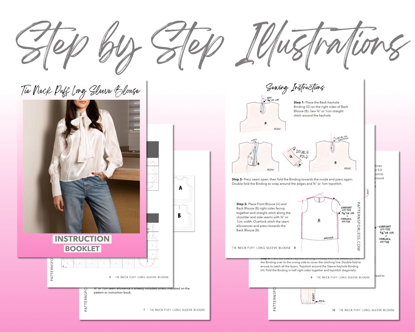 Tie Neck Puff Long Sleeve Blouse sewing pattern step by step illustrations.