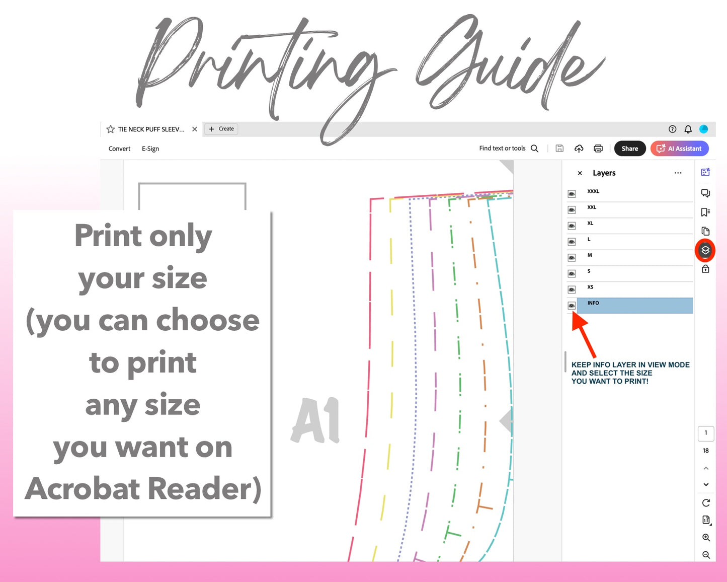 Tie Neck Puff Sleeve Blouse sewing pattern printing guide.