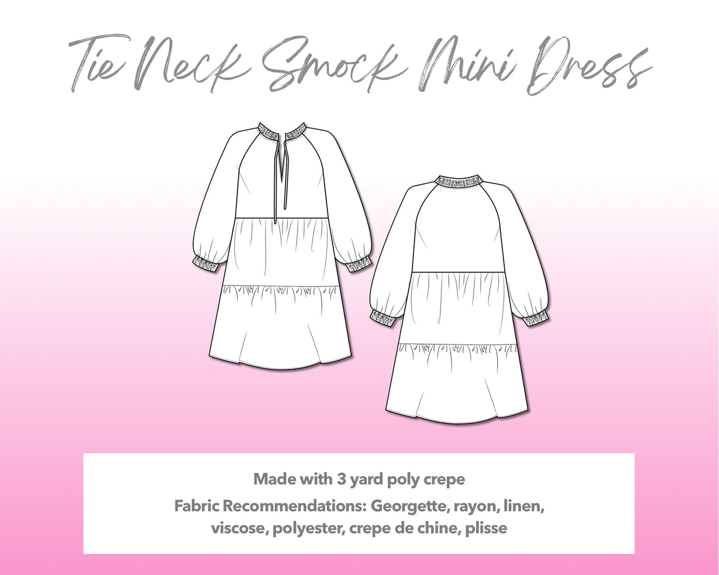 Illustration and detailed description for Tie Neck Smock Mini Dress sewing pattern.