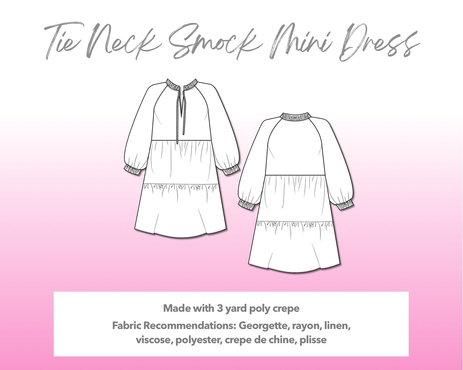 Illustration and detailed description for Tie Neck Smock Mini Dress sewing pattern.