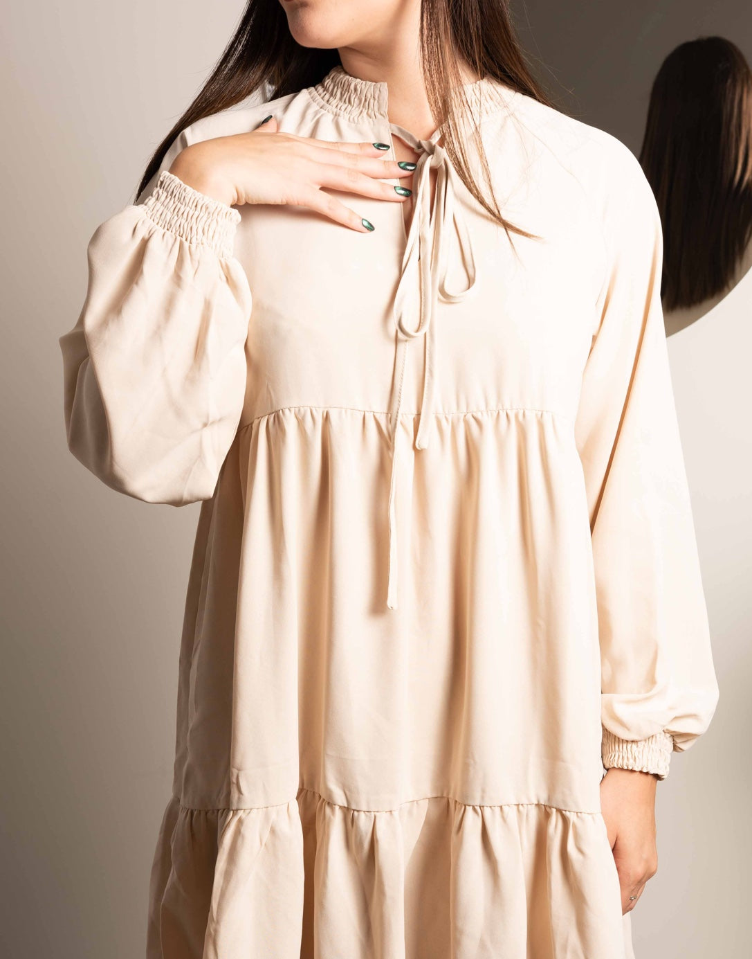 Front view of Tie Neck Smock Mini Dress.