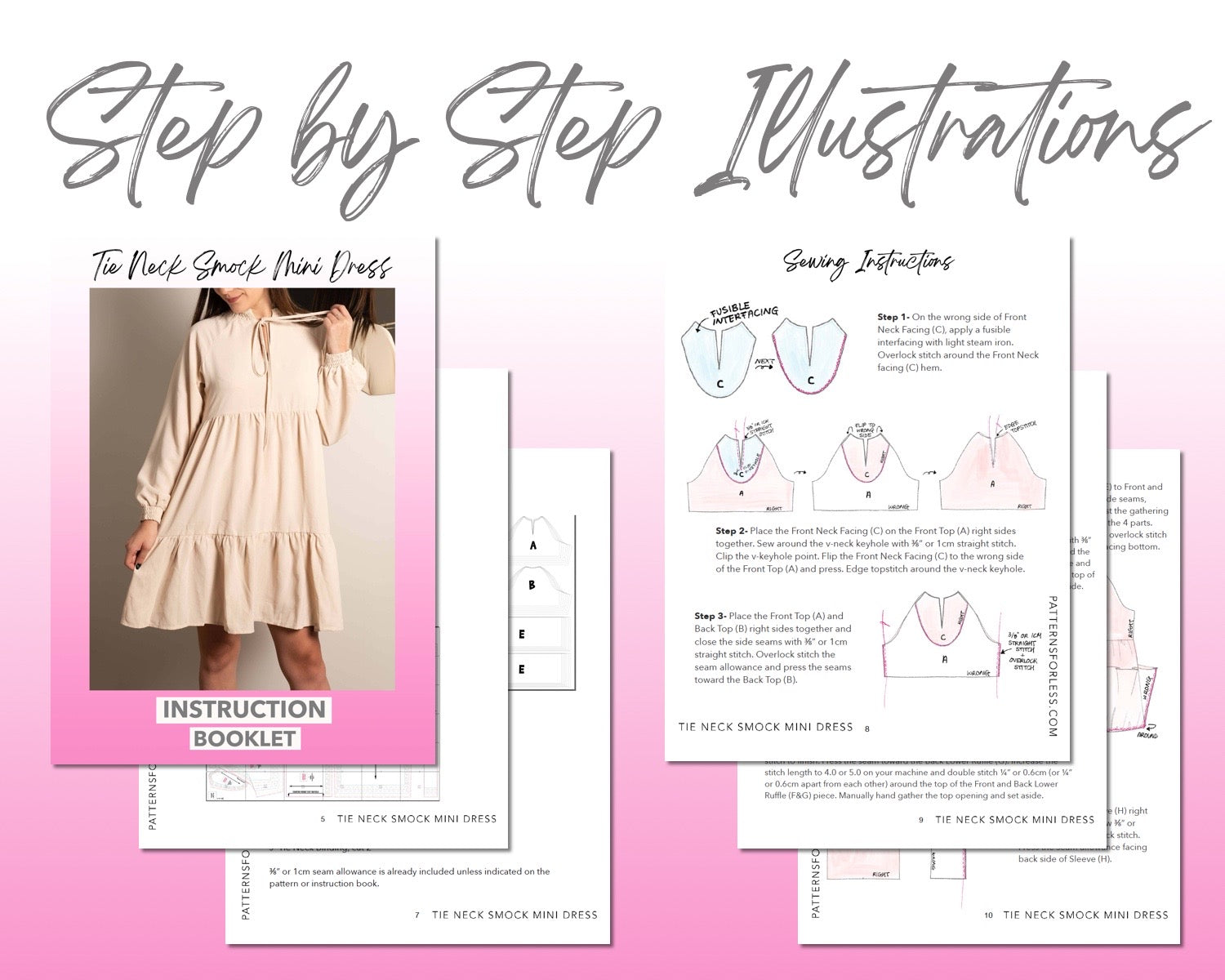 Tie Neck Smock Mini Dress sewing pattern step by step illustrations.