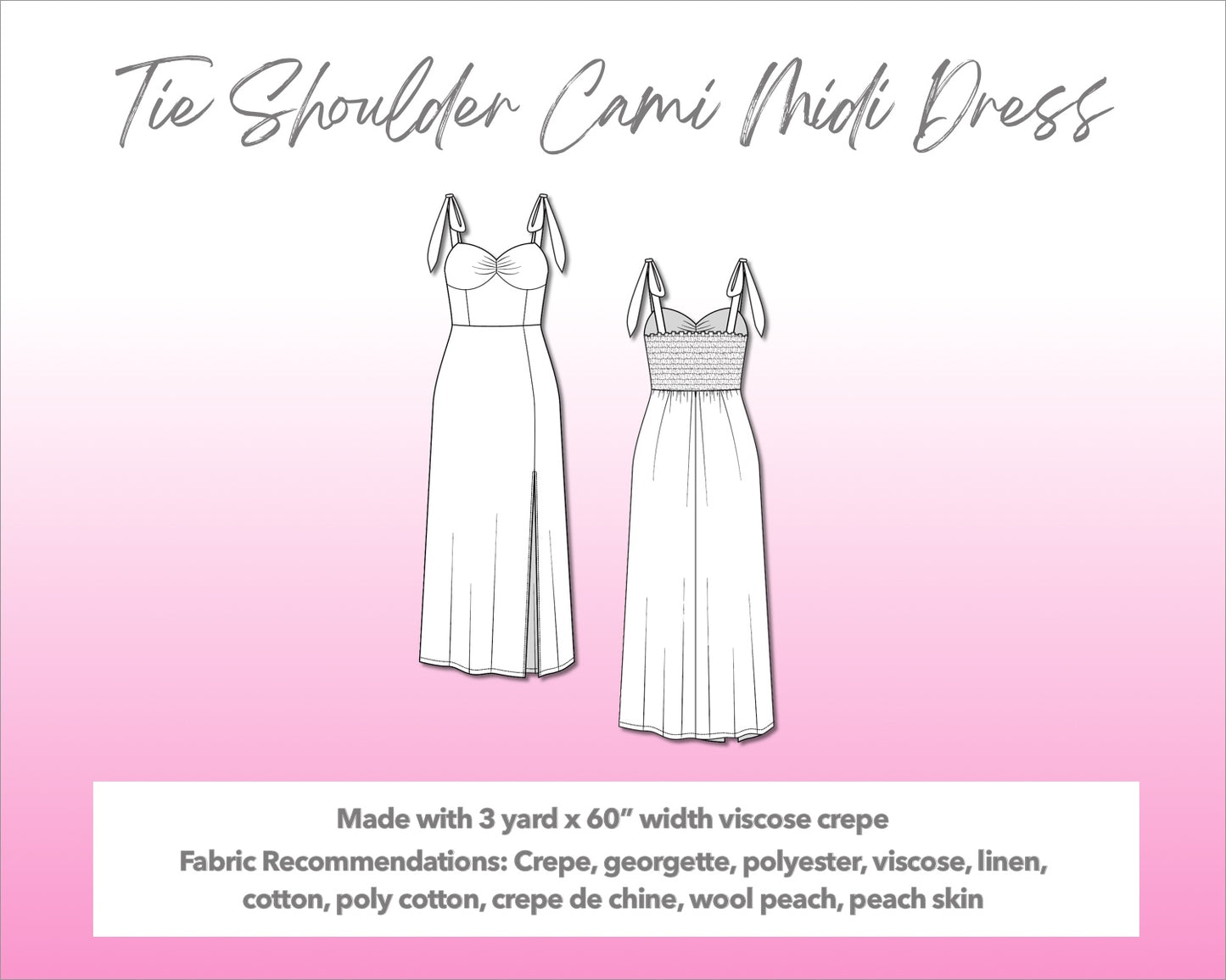 Illustration and detailed description for Tie Shoulder Cami Corset Midi Dress sewing pattern.