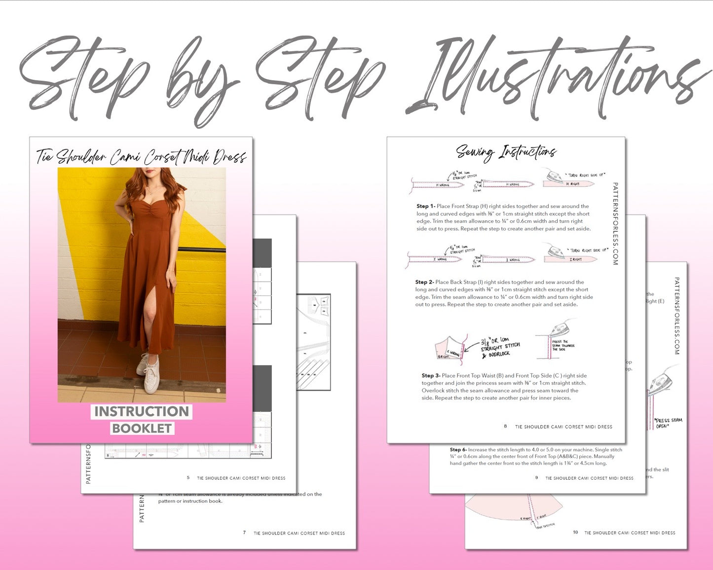 Tie Shoulder Cami Corset Midi Dress sewing pattern step by step illustrations.