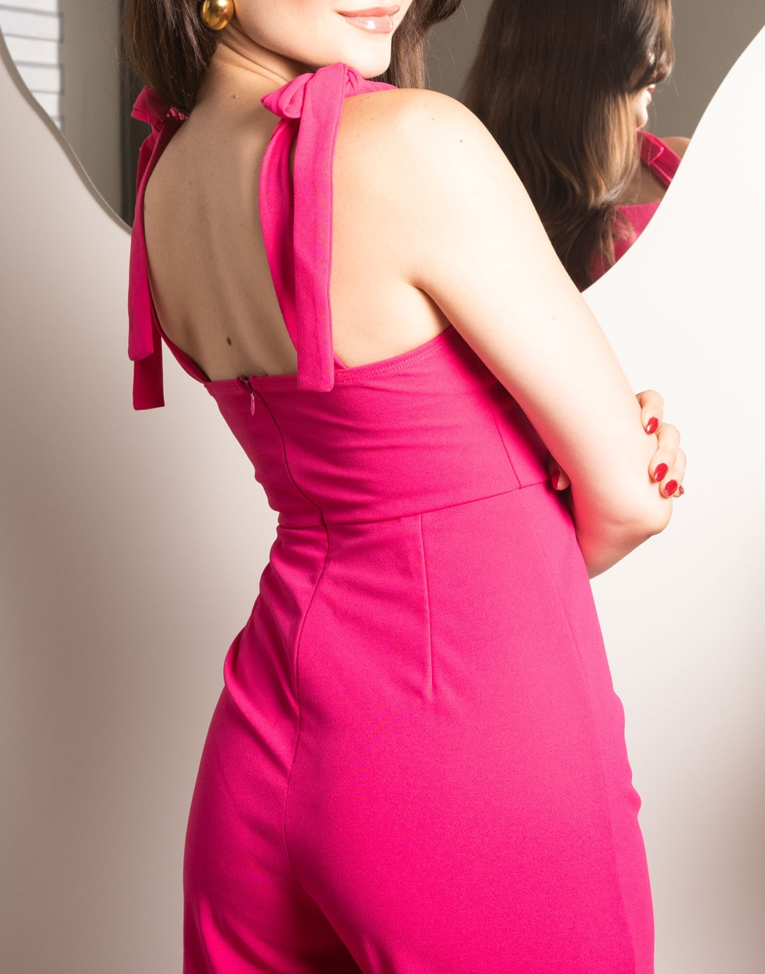 Closeup of Tie Shoulder Cami Jumpsuit.