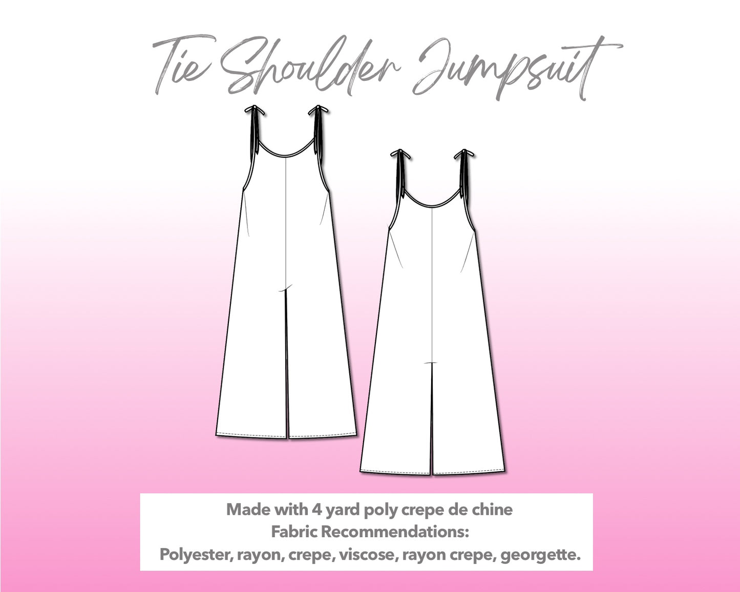 Illustration and detailed description for Tie Shoulder Jumpsuit sewing pattern.