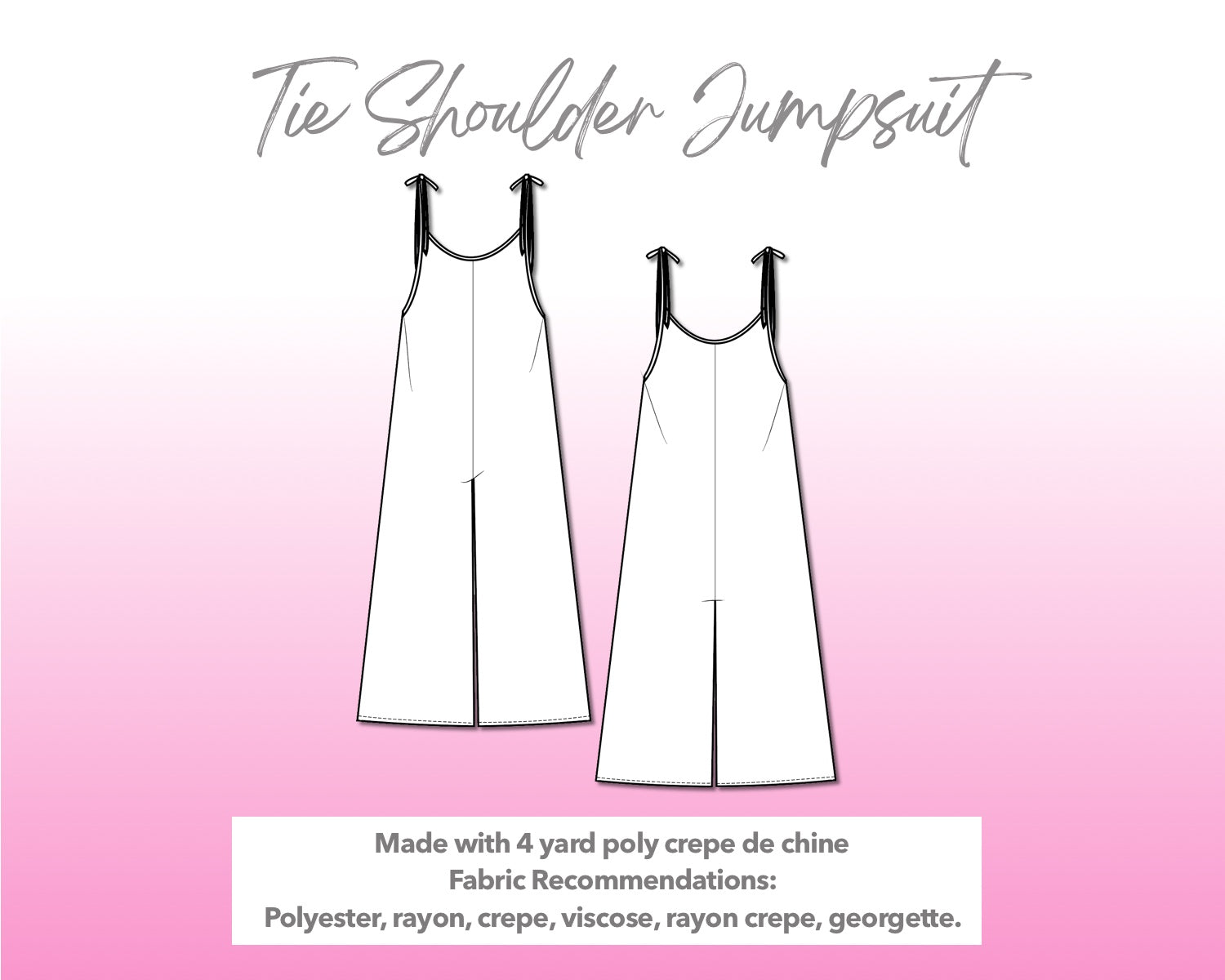 Illustration and detailed description for Tie Shoulder Jumpsuit sewing pattern.