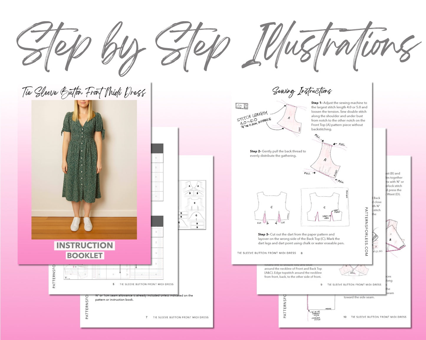 Tie Sleeve Button Front Midi Dress sewing pattern instruction booklet showing step by step illustrations to make the garment.