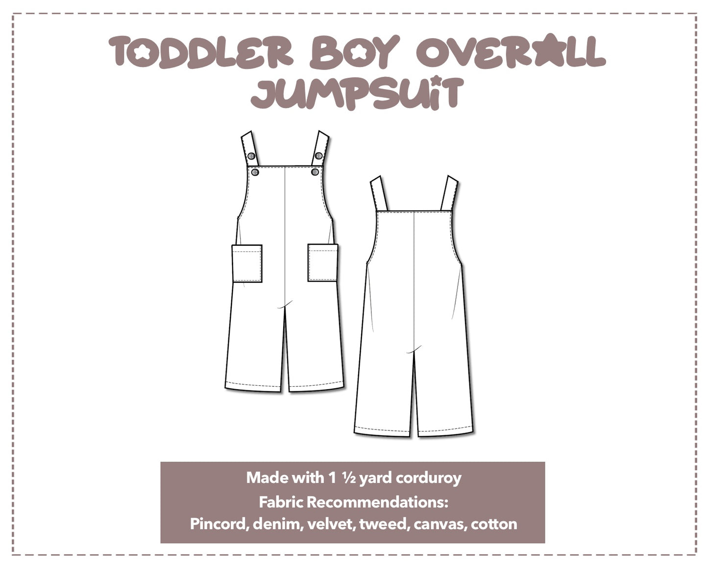 Illustration and detailed description for Toddler Boy Pocket Overall Jumpsuit sewing pattern.