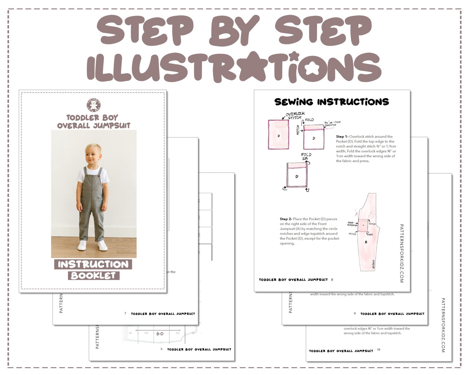 Toddler Boy Overall Jumpsuit sewing pattern instruction booklet showing step by step illustrations to make the garment.