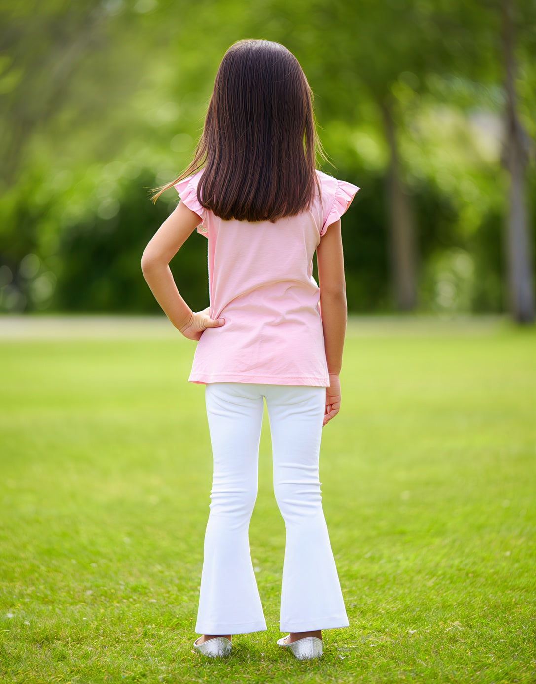 Back view of Knit Flare Leg Pants.