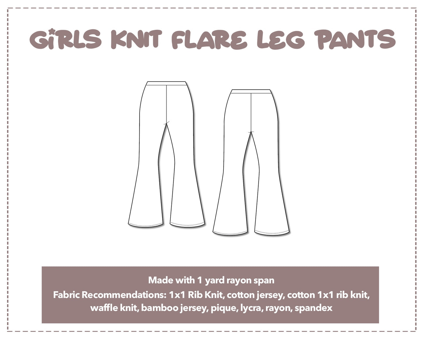 Illustration and detailed description for Knit Flare Leg Pants sewing pattern.