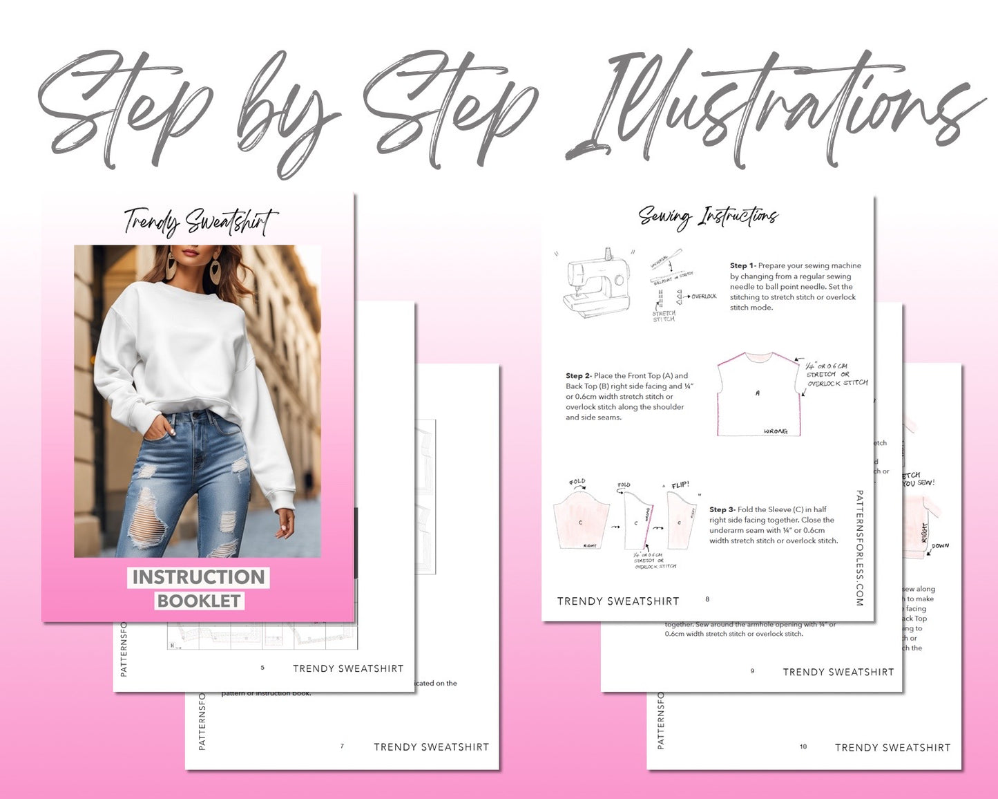 Trendy Sweatshirt sewing pattern step by step illustrations.