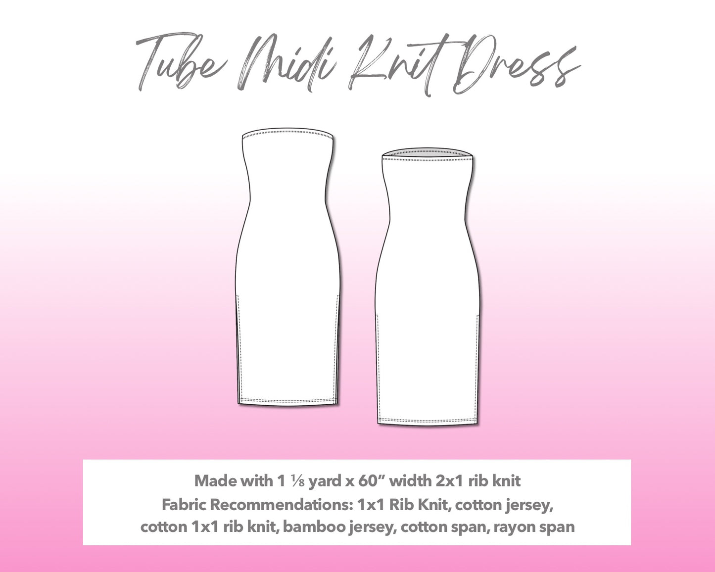 Illustration and detailed description for Tube Midi Knit Dress sewing pattern.
