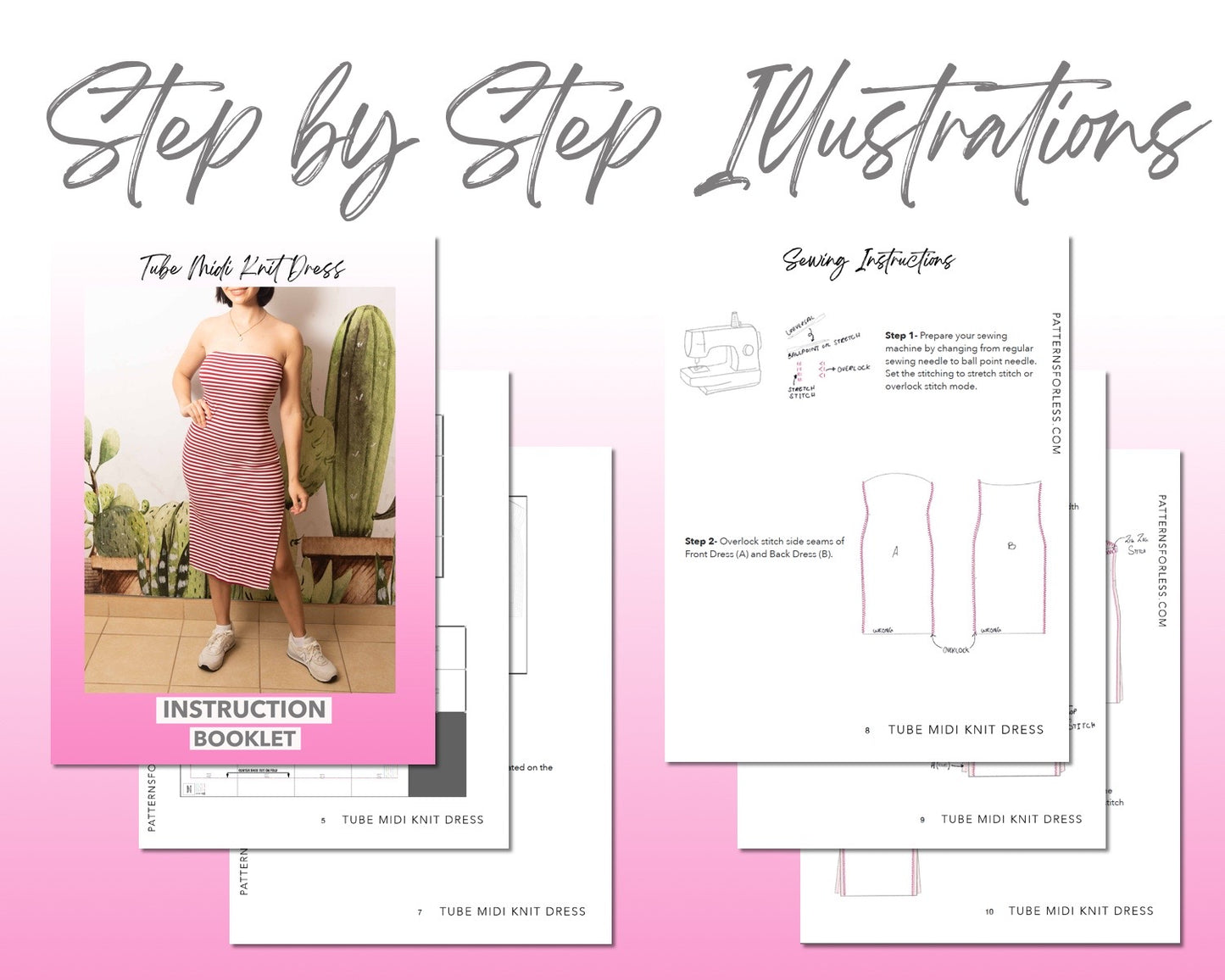 Tube Midi Knit Dress sewing pattern step by step illustrations.