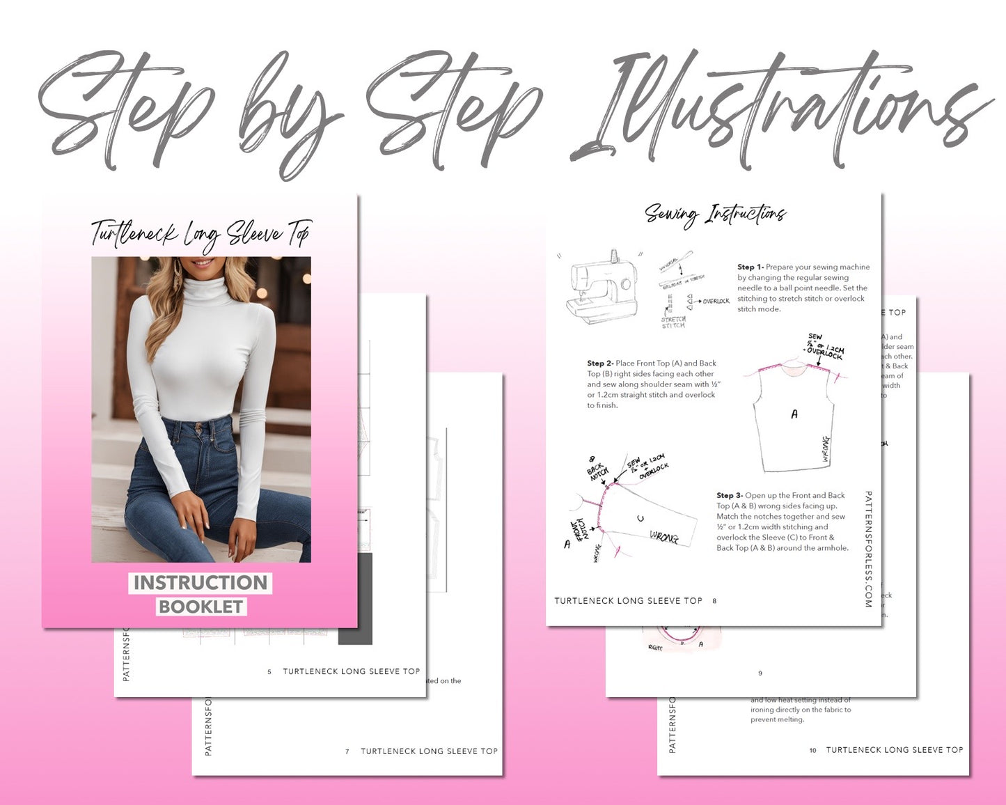 Turtleneck Long Sleeve Top sewing pattern step by step illustrations.