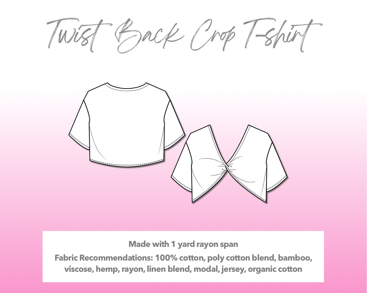 Illustration and detailed description for Twist Back Crop T-Shirt sewing pattern.