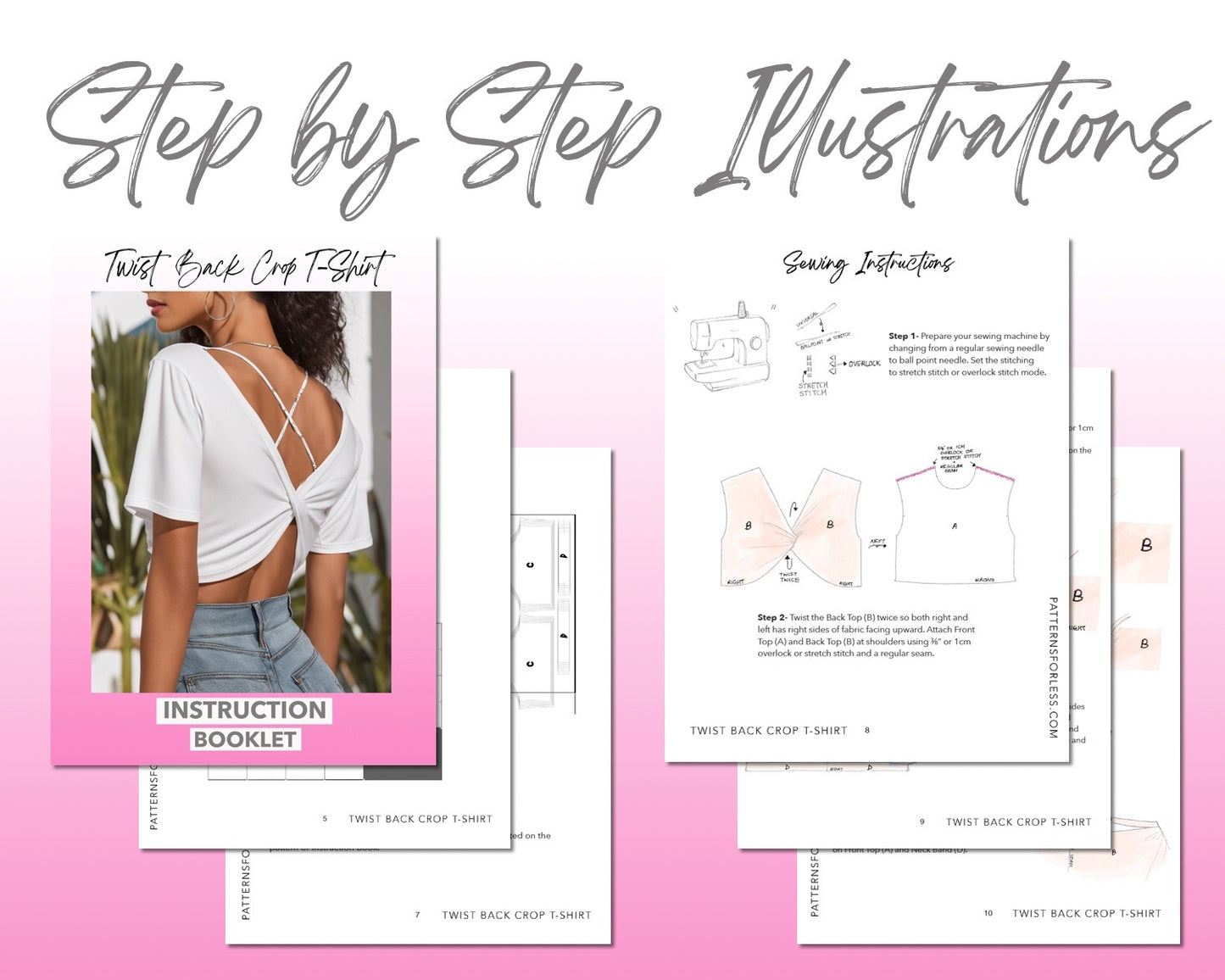 Twist Back Crop T-Shirt sewing pattern step by step illustrations.