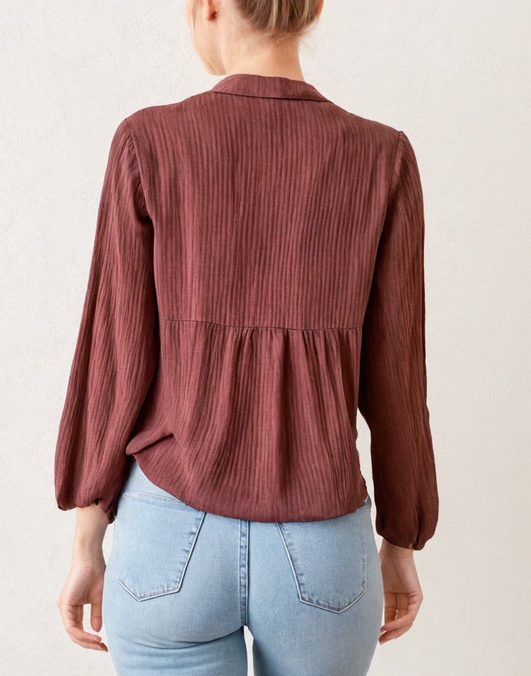Back view of V-Neck Gathered Babydoll Blouse.