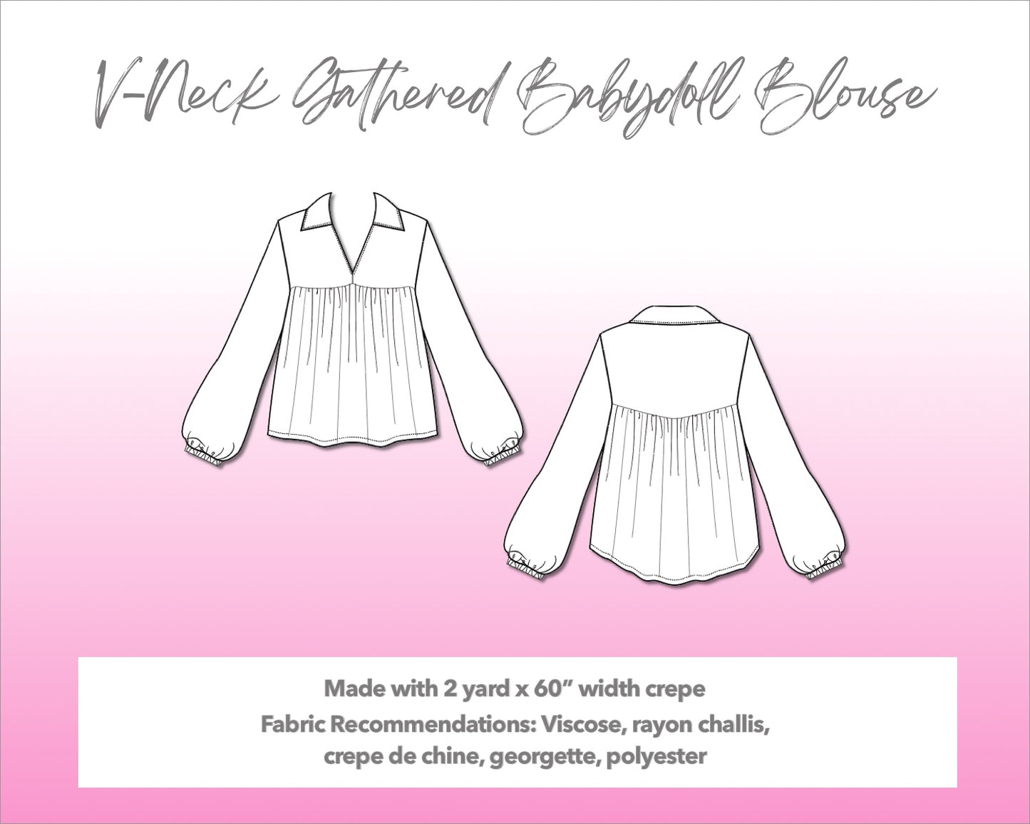 Illustration and detailed description for V-Neck Gathered Babydoll Blouse sewing pattern.