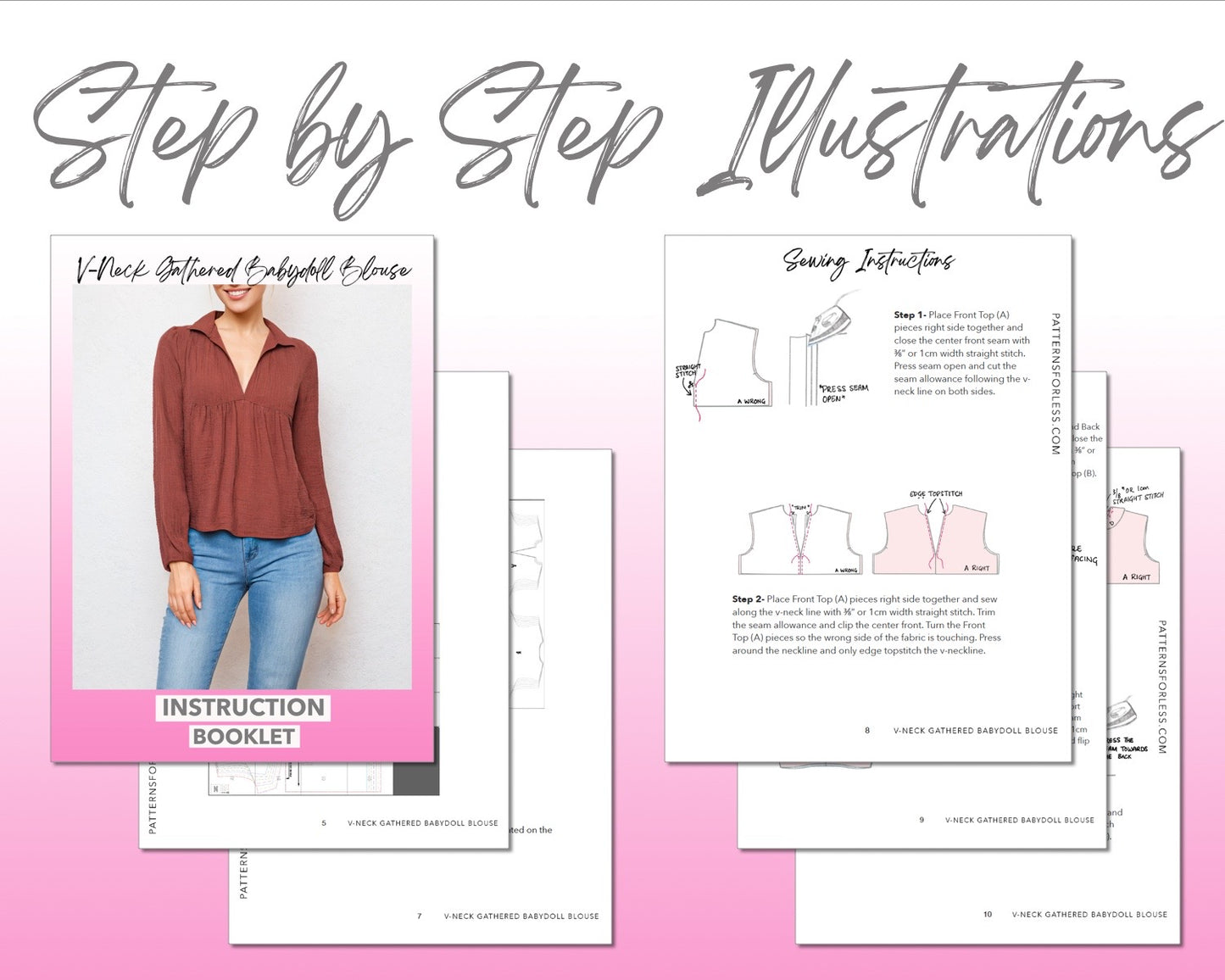V-Neck Gathered Babydoll Blouse sewing pattern step by step illustrations.