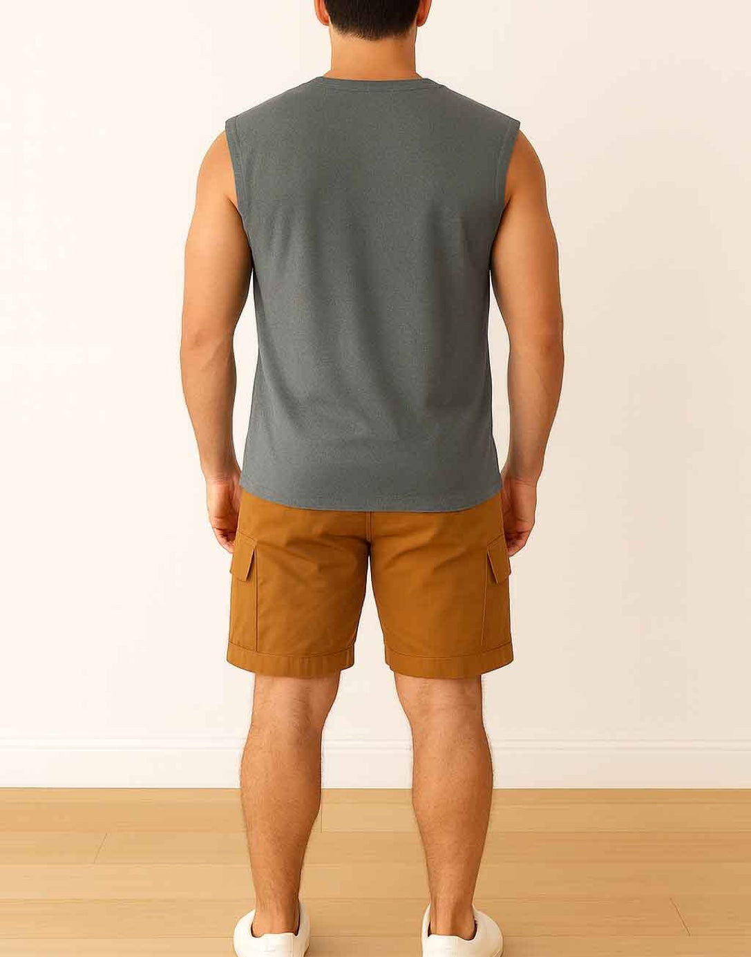 Back view of man wearing a dark gray Wide Shoulder Tank Top with brown shorts and white shoes on a wooden floor.