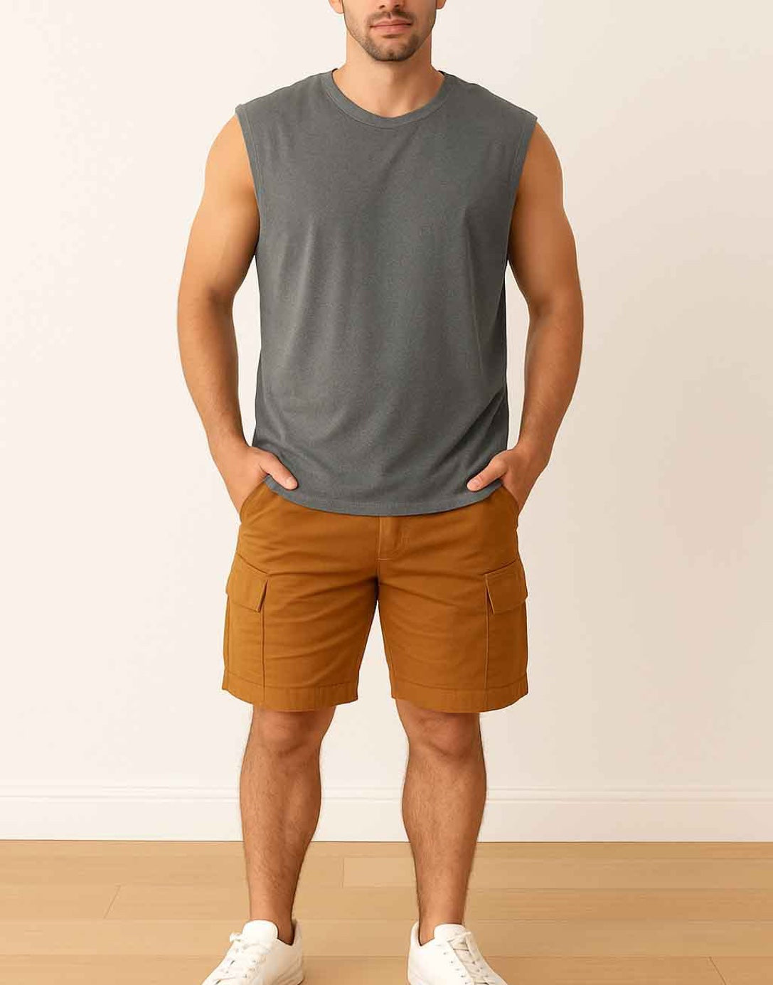 Man wearing a dark gray Wide Shoulder Tank Top with brown shorts and white shoes on a wooden floor.