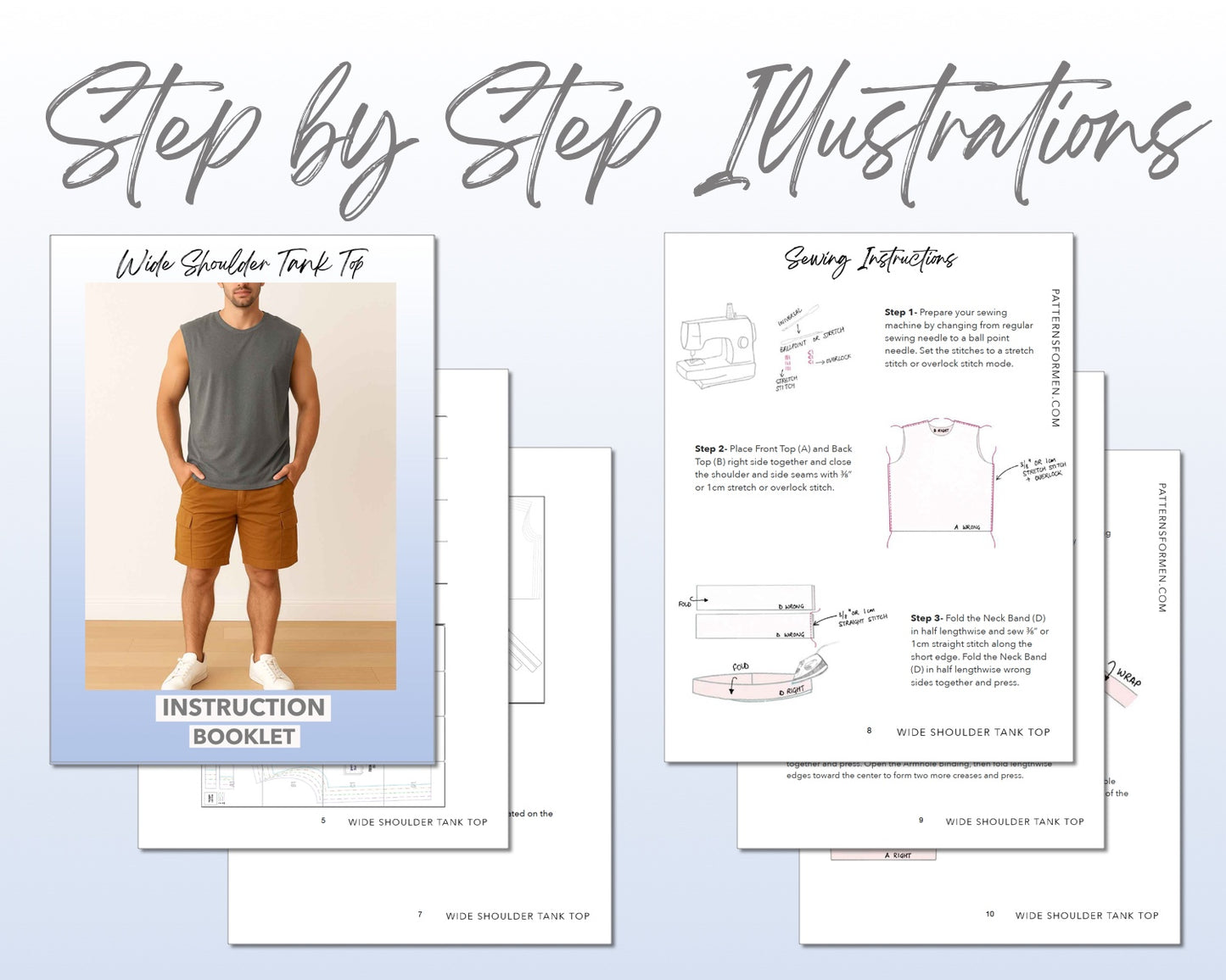 Wide Shoulder Tank Top sewing pattern instruction booklet showing step by step illustrations to make the garment.