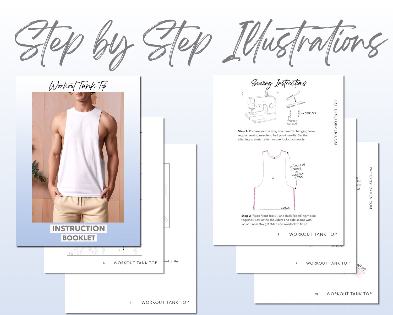 Workout Tank Top sewing pattern instruction booklet showing step by step illustrations to make the garment.