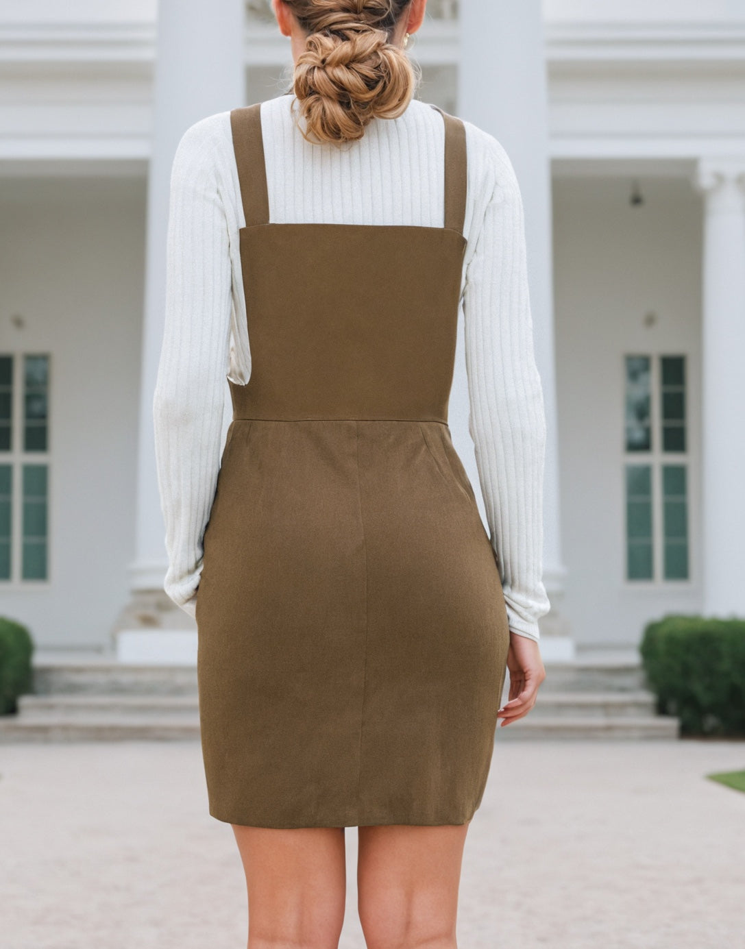 Back view of Zip Front Pocket Mini Overall Dress.