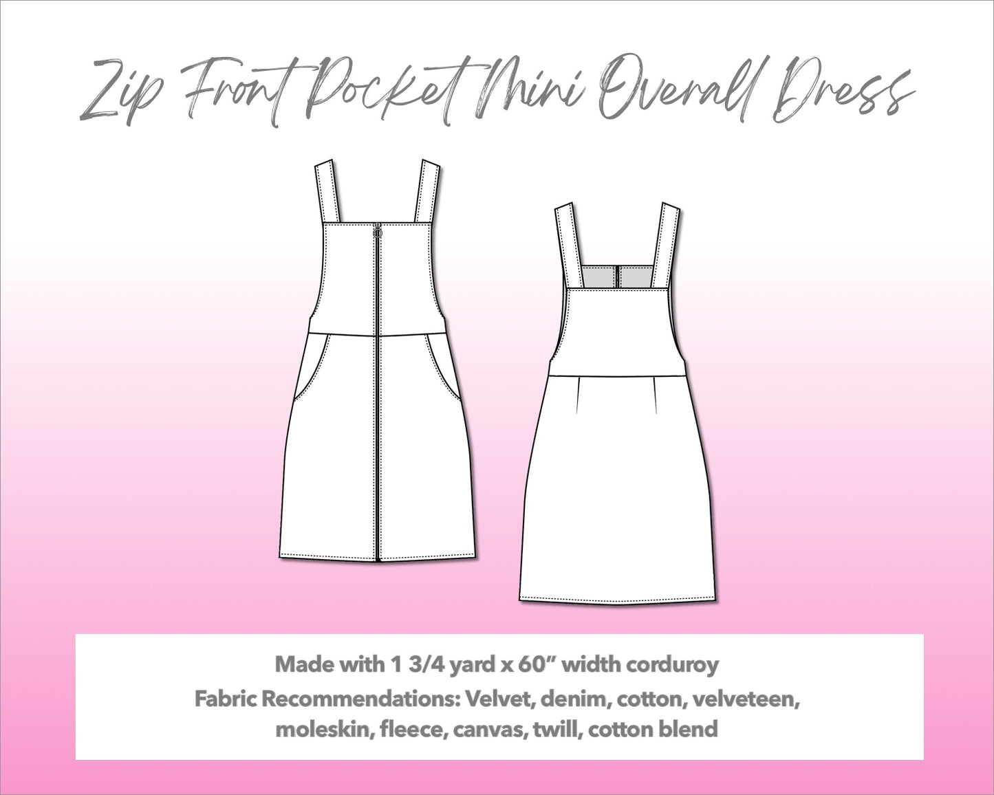 Illustration and detailed description for Zip Front Pocket Mini Overall Dress sewing pattern.