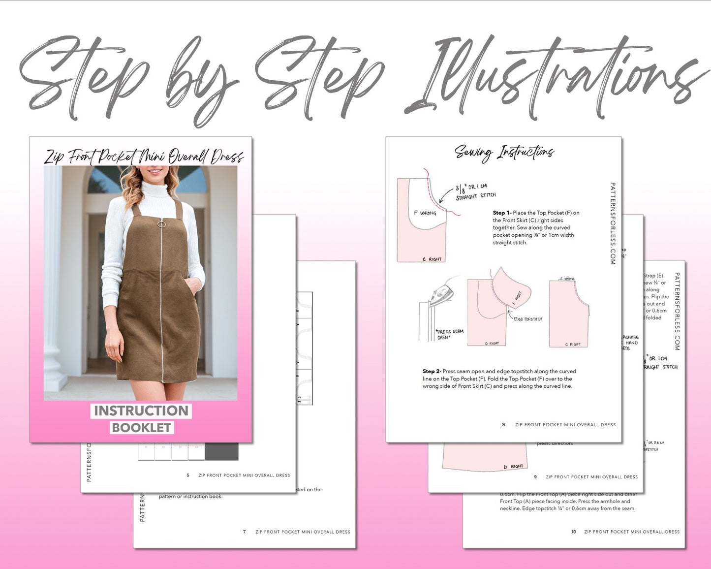 Zip Front Pocket Mini Overall Dress sewing pattern step by step illustrations.