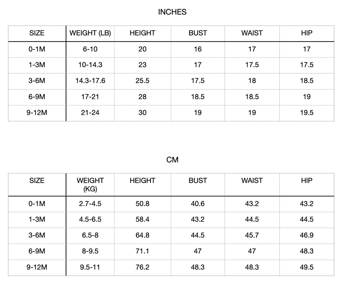 Patterns For Kidz 0m-12m size chart