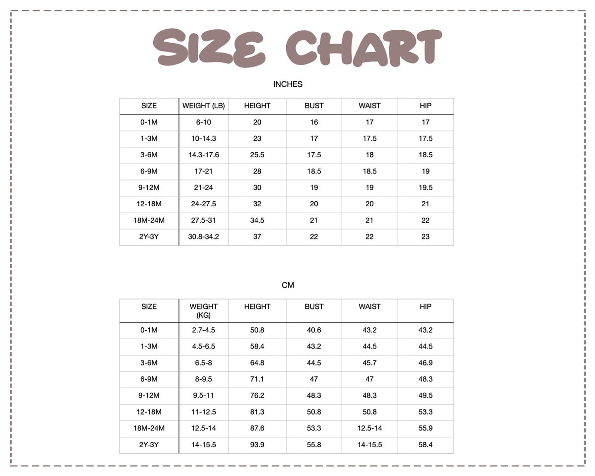 Patterns For Kidz 0M-3Y size chart.