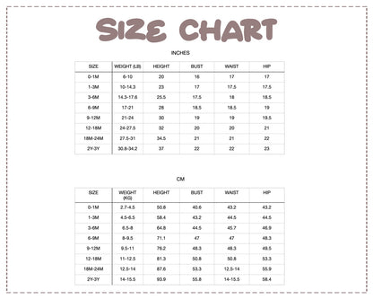 Patterns For Kidz 0M-3Y size chart.