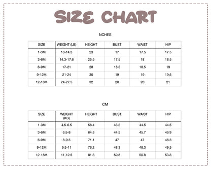 Patterns For Kidz 1m-18m size chart.