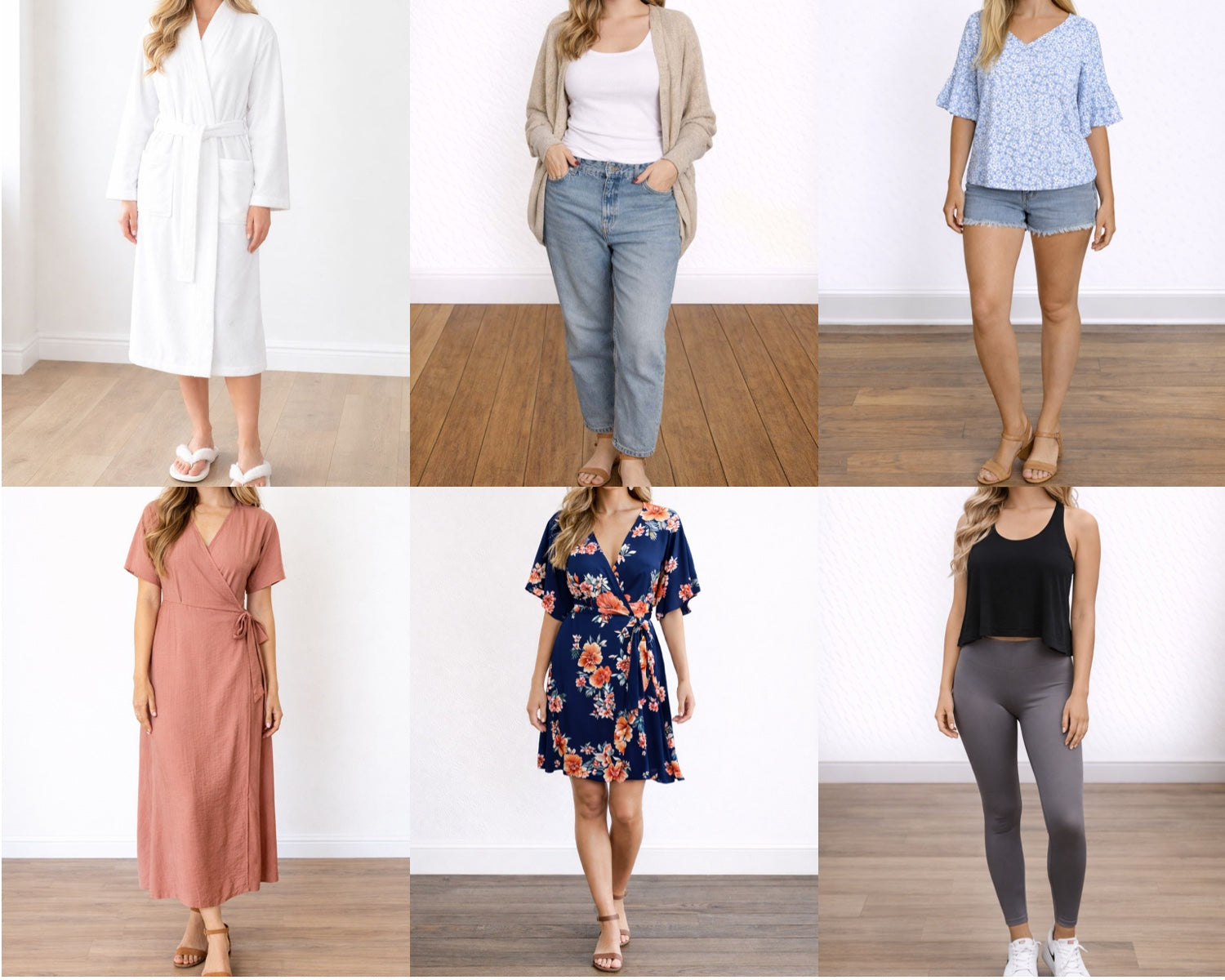 Grid of six images showing different outfits on a person, including dresses and casual wear.