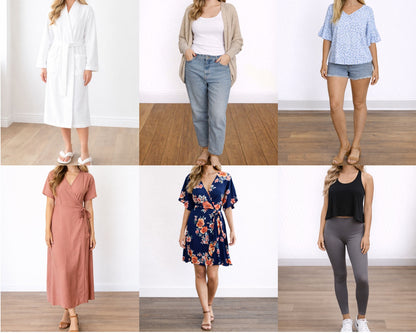 Grid of six images showing different outfits on a person, including dresses and casual wear.