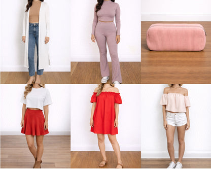 Collage of fashion items including a pink bag, outfits, and a red dress.